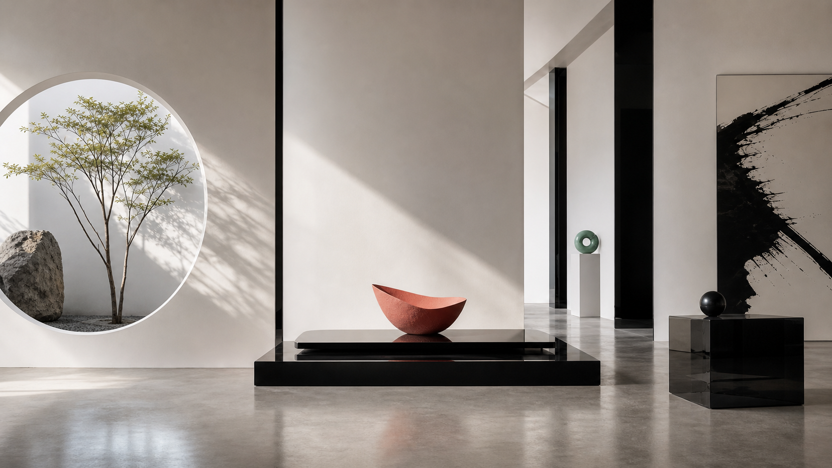 白いギャラリー空間に陶器と植物が置かれたLuna SĀYAの世界観
