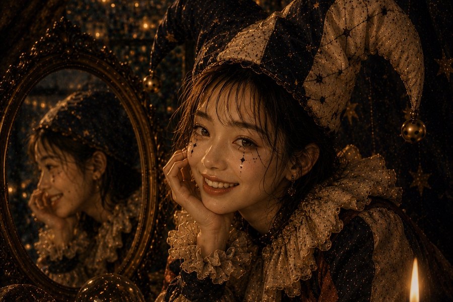 道化師の帽子をかぶった女性が、頬杖をついて微笑んでいる。横の楕円の鏡にも、同じ笑顔が映っている絵