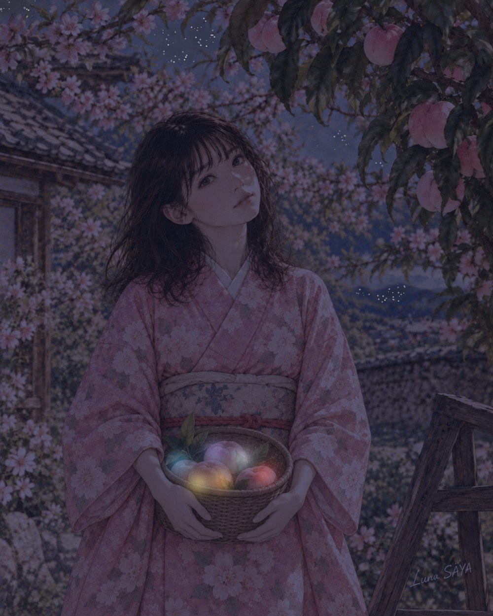 夜の桃の木の下で、六つの光を宿した桃を籠に抱える人の絵